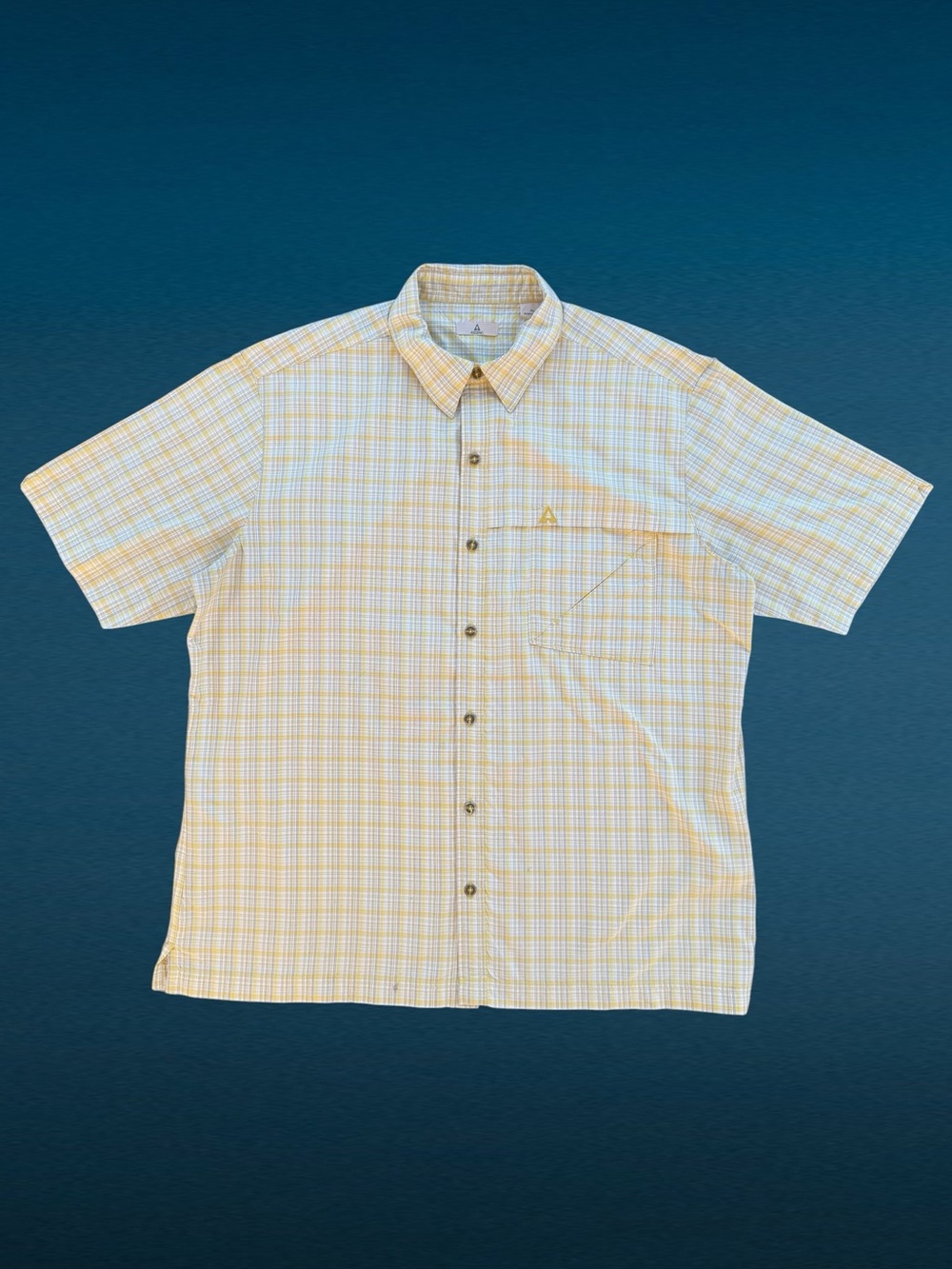 Ascend Yellow and Blue Plaid Short Sleeve Button Front Shirt, Men’s XL